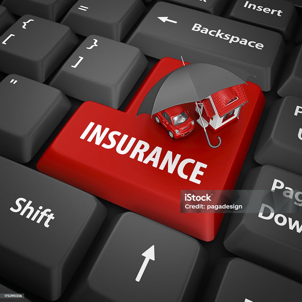 insurance enter key red insurance enter key and house and car under parasol.3d render. Insurance Stock Photo