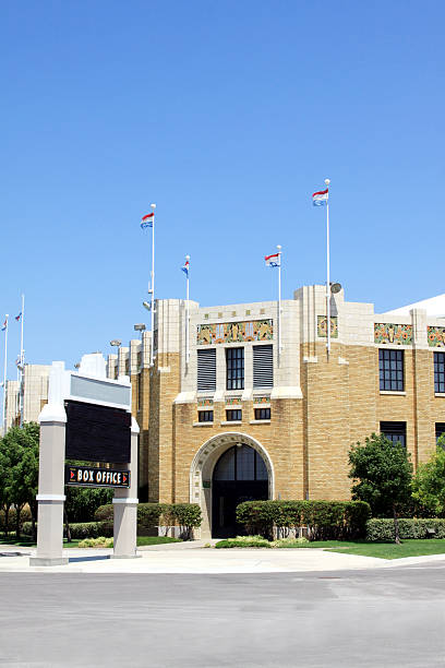 Expo Square Pavilion-Tulsa, Oklahoma Fairgrounds "The Pavilion, built in 1932 in the PWA Art Deco Style is photographed. This building formerly was called the Tulsa Fairgrounds Pavilion. It serves as a multipurpose arena. The building is decorated with livestock heads done in the Art Deco style. The Pavilion is a prime example of Art Deco architecture in Tulsa, and is one of the city's most treasured gems. Copy space provided." tulsa landmark stock pictures, royalty-free photos & images