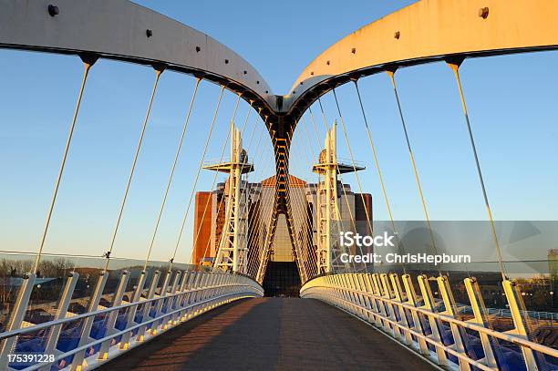 Millennium Bridge Salford Quays Manchester Stock Photo - Download Image Now - Bridge - Built Structure, Futuristic, Architectural Feature