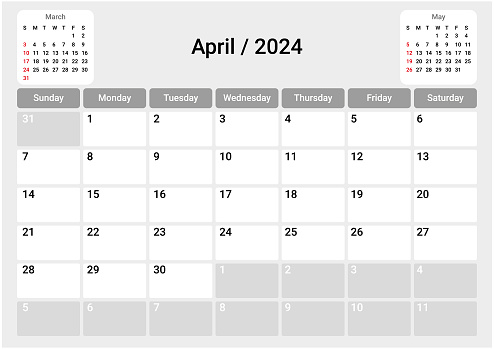 Calendar grid for April. Modern monthly calendar with space for notes.