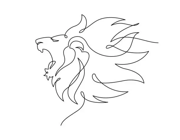 Vector illustration of Lion roaring portrait side face, Continuous line art drawing style, Design template linear minimal style. Vector design illustration.