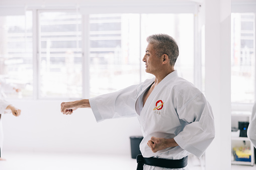 Japanese Karate sensei commands the attention of his Japanese students, demonstrating the art of kicking with grace and precision.