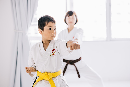 A young Japanese boy learning martial arts in a Karate class