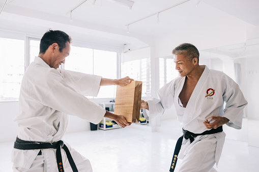 Japanese master in a karate class executes powerful strikes, shattering wooden blocks with precision, embodying the art's values of discipline and strength.