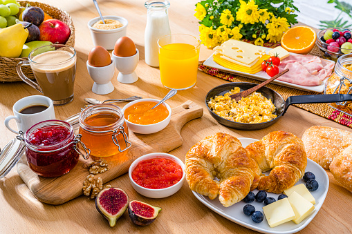 Colorful Continental breakfast table