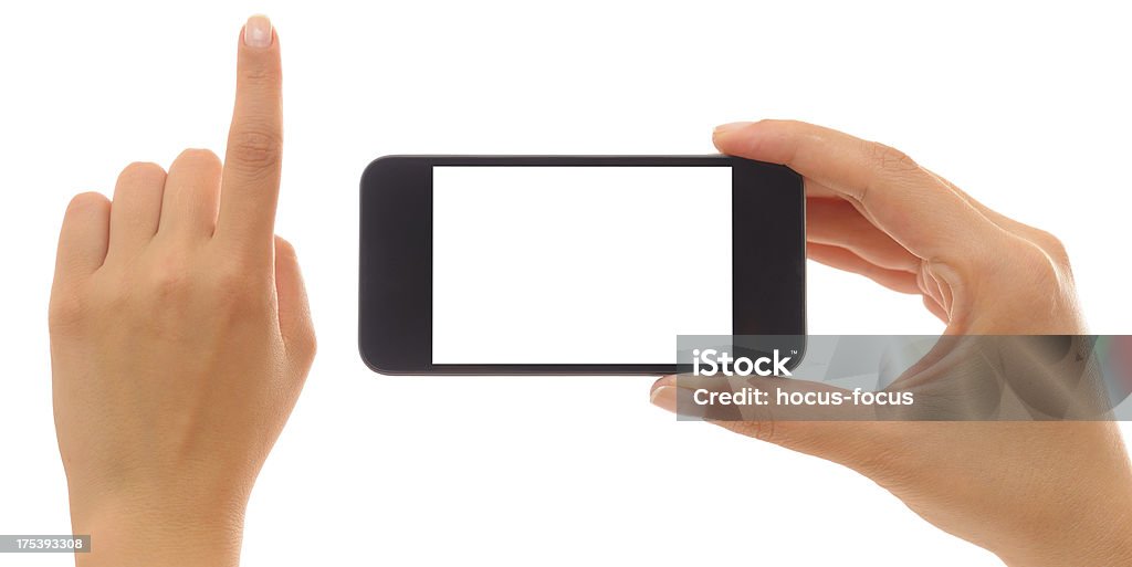 Mãos segurando e apontando com telefone inteligente - Foto de stock de Adulto royalty-free