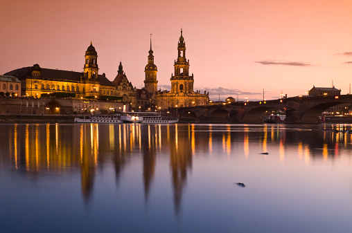 Dresden on the Elbe river at sunset
