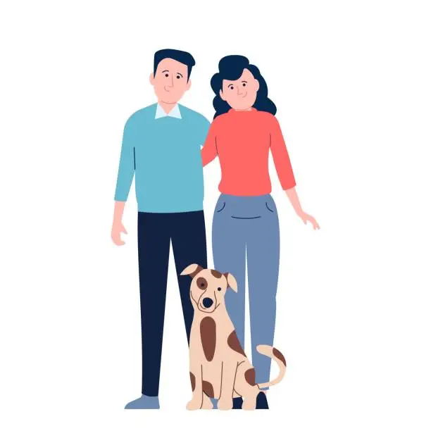 Vector illustration of Dog owners, flat couple with cute pet. Adoption concept, isolated cartoon family pets lovers. Woman and man with giant puppy recent vector scene