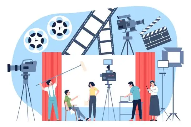 Vector illustration of Film shooting team. Movie production process, stream or professional bloggers working. Personal channel, online interview prepare recent vector scene
