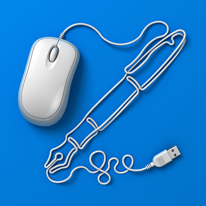 Computer mouse cable shaped as a fountain pen. 3d render with plain blue background.Click for more mouse cable concepts: