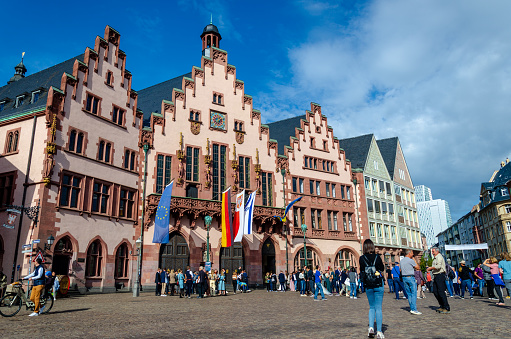 Frankfurt, Germany - October 13, 2023: Daytime view, with the Römer, a city hall.