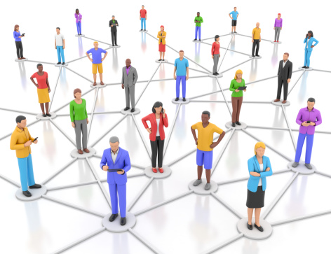 3d render of a network of colourful stylized figures, isolated on white.