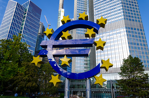 Frankfurt, Germany - October 13, 2023: Euro sign at European Central Bank headquarters in Frankfurt.