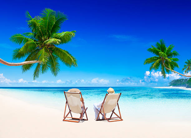 istock Two people sitting on a beach with palm trees and a blue sky 175395267