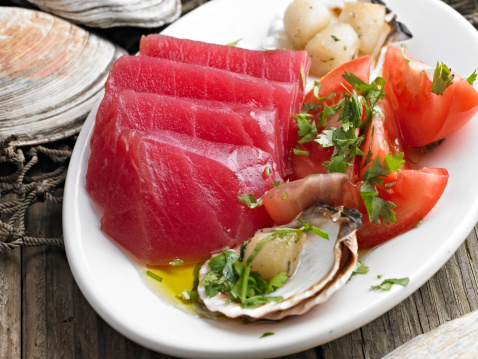 Tuna Sashimi with Tomato and Scallops.