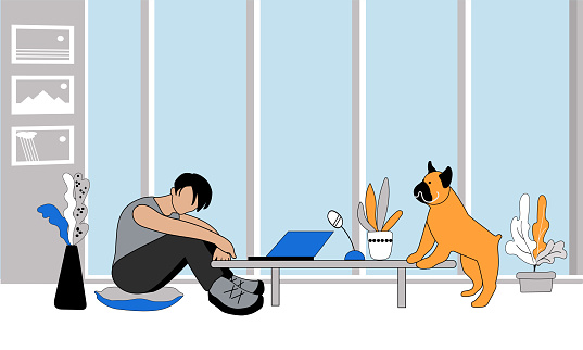 Sad guy sitting in front of a laptop next to a French bulldog. Illustration for promotional materials and advertisements for mental health organizations. Encourage help-seeking.