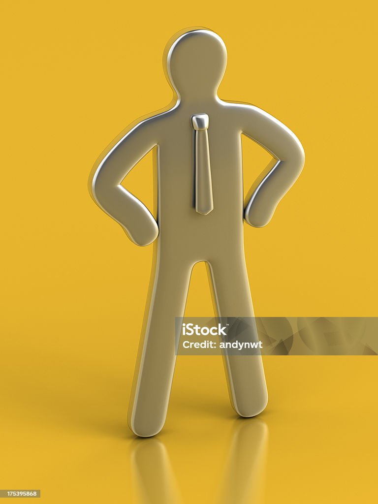 Metallic Figurine against yellow background (with clipping path) Arms Akimbo Stock Photo