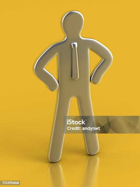 Metallic Figurine Against Yellow Background Stock Photo - Download Image Now - Arms Akimbo, Business, Business Person