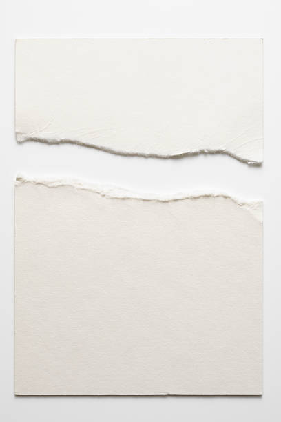 Isolated shot of torn blank white paper on white background Torn blank white paper isolated on white background. cut or torn paper paper torn message pad stock pictures, royalty-free photos & images