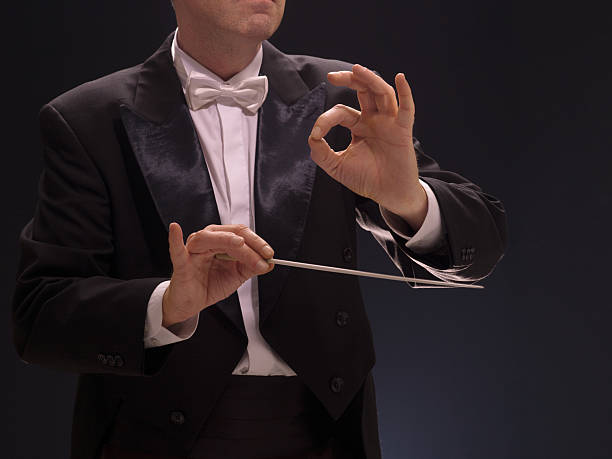 conducting buttons Concert conductor hands with baton over dark background conductors baton photos stock pictures, royalty-free photos & images