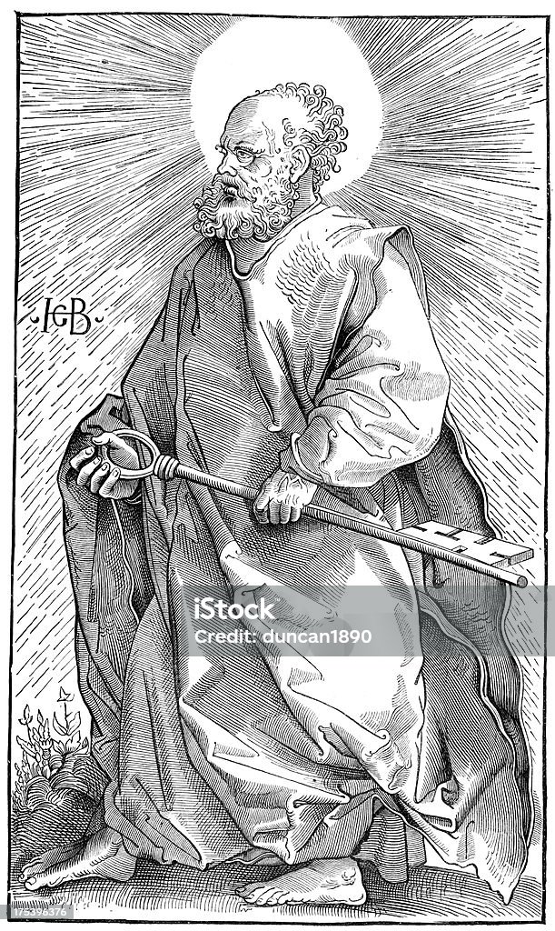 St. Peter holding the keys to heaven St. Peter holding the key to heaven. From a wood engraving by Hans Baldung. 1470 to 1550. Peter the Apostle stock illustration