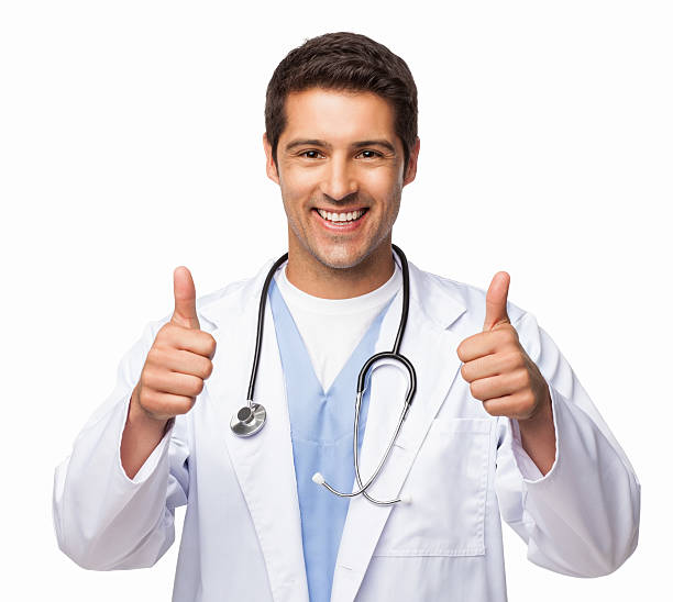 médico gesticular pulgares arriba-aislados - confidence toothy smile thumbs up ok sign fotografías e imágenes de stock