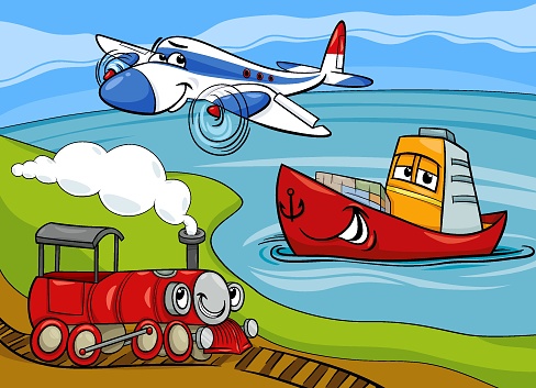 Cartoon illustration of funny airplane and steam engine and ship transportation characters group