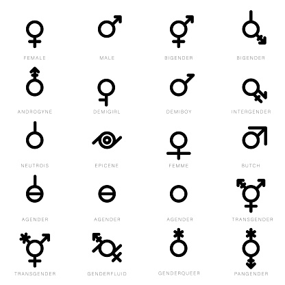 Gender Diversity Monochrome Icons Set. Black gender icons. Representation of people of different genders (agender; androgyne; bigender; butch; demiboy; demigirl; epicene; female; femme; genderfluid; genderqueer; intergender; male; neutrois; non-binary; pangender; poligender;  transgender)