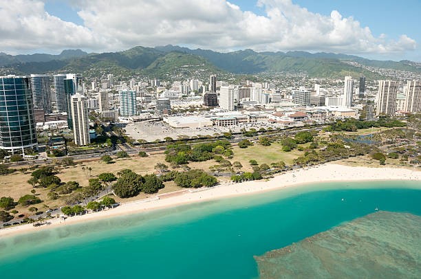 istock Honolulu skyline and Beach from the air 175397386
