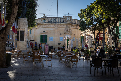 Rabat, Gozo, Malta - April 17, 2023: Independence Square and Saint James Church.
