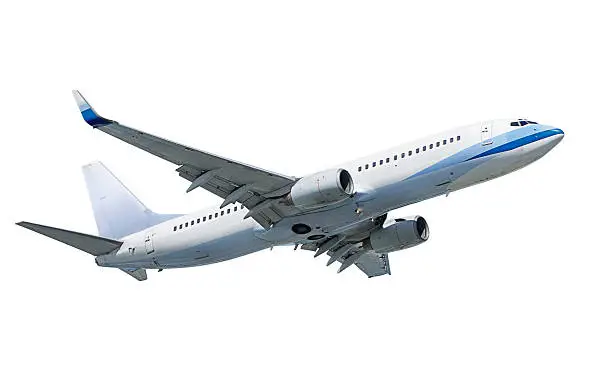 wheels up Boeing 737 airplane isolated on white with clipping path