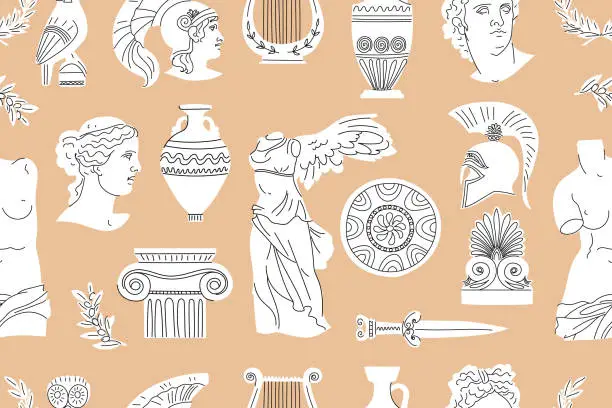 Vector illustration of Seamless pattern with ancient Greek sculptures, architectural details, weapons and more. Antique minimalist white elements on a beige background. Head of Venus, David, Apollo, Theseus, amphora, etc.