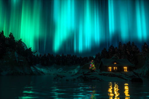 This 3D image presents a serene scene at the heart of a forest lake, with a quaint cabin nestled beside a radiant Christmas tree. In the night sky, a dazzling aurora borealis unfolds, casting a mystical glow upon the landscape. This picture transports you to a tranquil and heartwarming wonderland, where nature harmoniously blends with the holiday spirit.
Additionally, this image can serve as an ideal holiday background, offering a unique and enchanting atmosphere for various festive occasions.