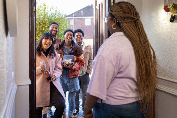 Friends Arriving to Social Gathering