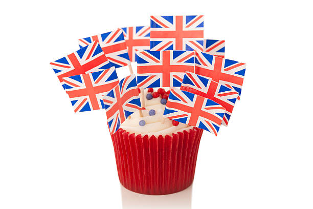 Union Jack flags on cup cake stock photo