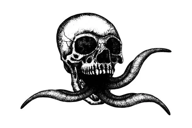Vector illustration of Human skull with three tongues, horror vector illustration. Nightmare illustration. Halloween