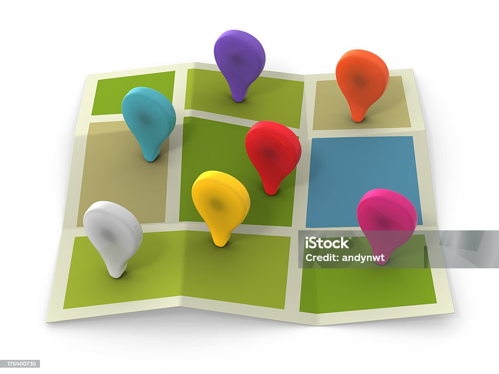 Place of Interest Multi-colored placemarks on a map isolated on white background. (With clipping path) Map Stock Photo