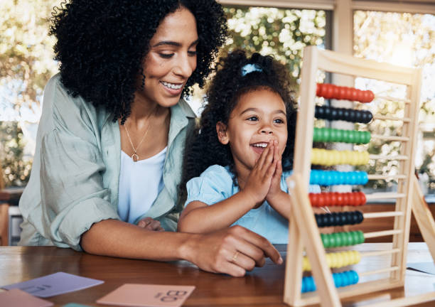 Learning abacus, mother and kid excited for mathematics study, home school project or child development success. Education knowledge, love or proud woman, mama or tutor help, support or teaching girl