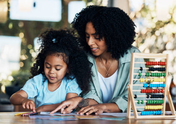 istock Point, education and mother helping child with kindergarten remote learning, study support and drawing creative art. Youth development project, creativity and home school tutor teaching kid student 1754009476