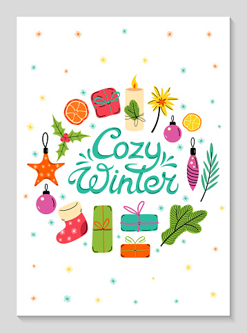 Cozy Winter Lettering, Merry Christmas greeting card. Cute Christmas toys in a round composition. Hand drawn vector illustration. Winter theme greeting card. Holiday Backgrounds. Flat design.