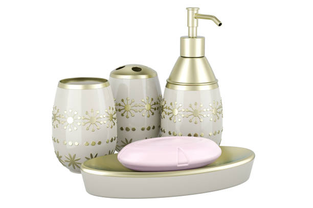 Bathroom Accessories Set, Decorative Glass Bathroom Accessories Set, Large Soap Dispenser, Soap Dish, Toothbrush Holder, Tumbler, 3D rendering isolated on white background