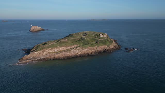 Grand Be and Petit Be islands in background, Saint-Malo in Brittany, France. Aerial drone panoramic view and space for copy