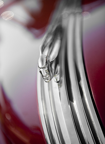 Macro shot of hood ornament from a 1950's hot rod