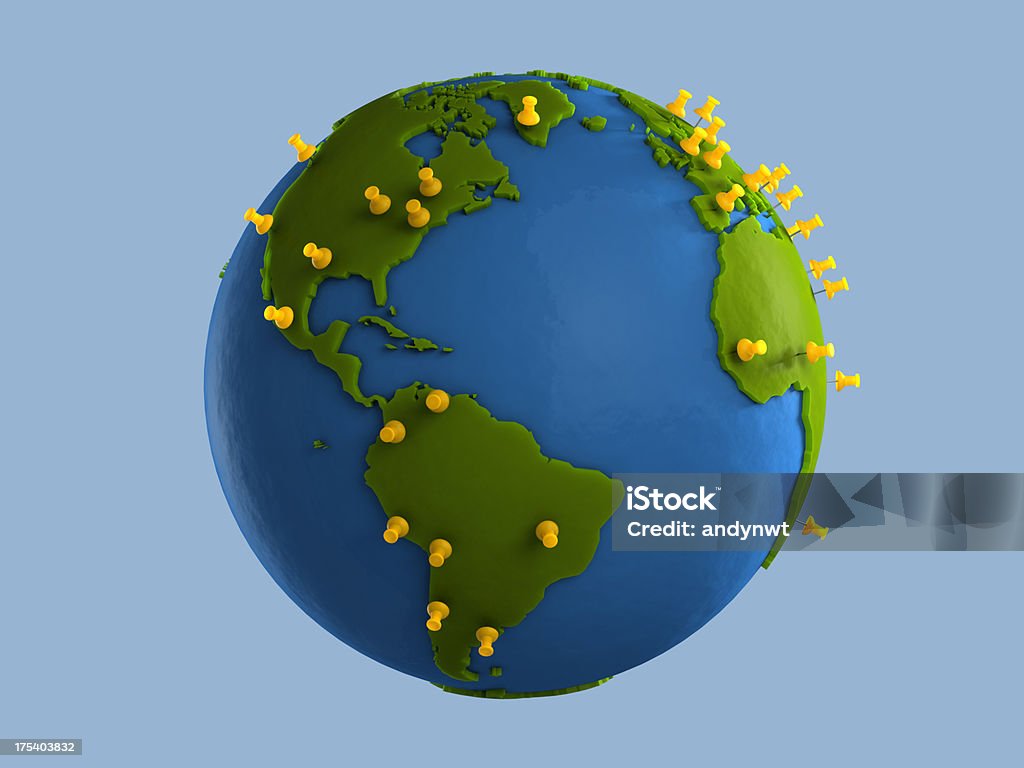 Yellow Tacks Indicate Major Cities on Clay Globe (America) "Push pins placed on major cities of Americas, eg. Toronto, New York, Washington, Los Angeles, California, Ohio, Mexico, etc." Mexico Stock Photo