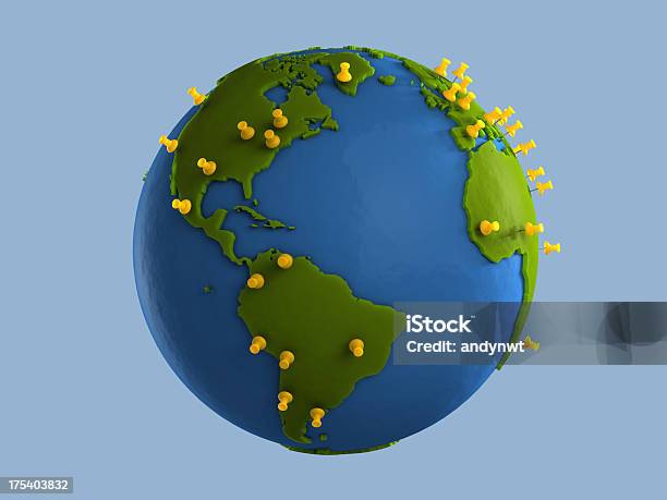 Yellow Tacks Indicate Major Cities On Clay Globe Stock Photo - Download Image Now