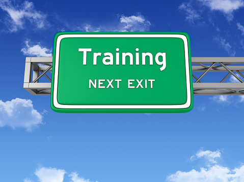 Road Sign with TRAINING and Sky