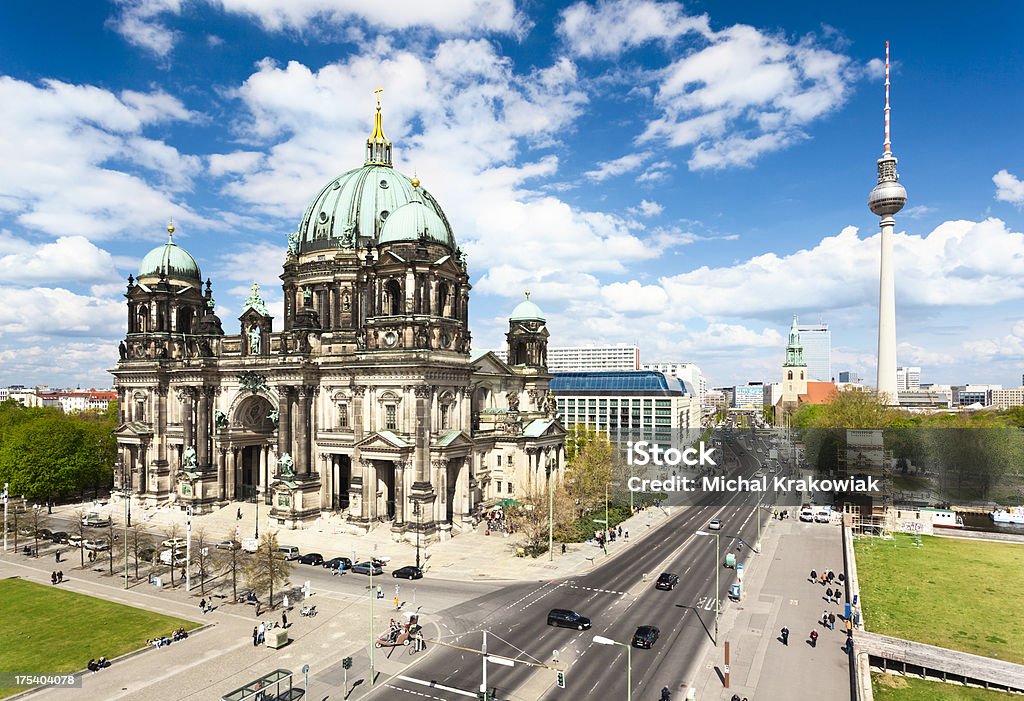 Cathedral and TV tower in Berlin "Berliner Dom (cathedral) in centre of Berlin, Germany. In a distance Television Tower." Architectural Dome Stock Photo