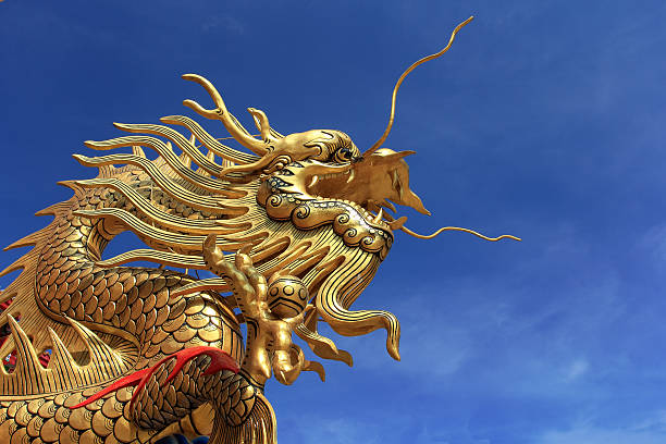 gold dragon auf blauer himmel hintergrund. - dragon china singapore temple stock-fotos und bilder