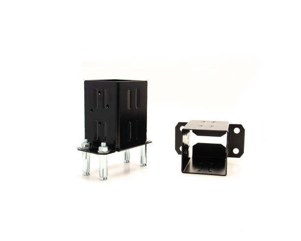 istock Deck post fence base bracket with attached bolts, support for wood to concrete slab connect made of thick steel, black powder coated rust-resistant isolated on white background 1754051224