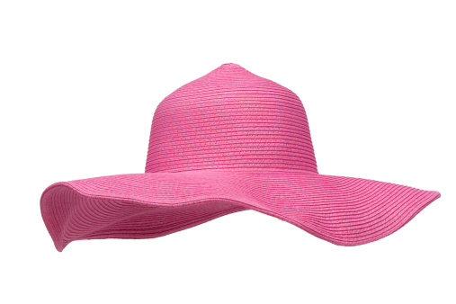 This woman's pink sun hat is a 3/4 view at a slightly below level and isolated on a 255 white background.